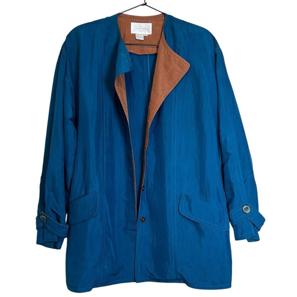 100% SILK Vintage Teal Jacket Size 8  Blue Brown Oversized